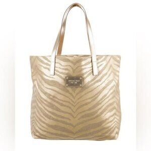 Canvas Michael Kors Gold Tan Metallic Tiger Zebra Animal Print Shoulder Tote Bag